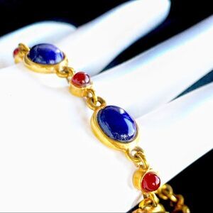 Vtg Faux lapis lazuli and gemstone gold bracelet